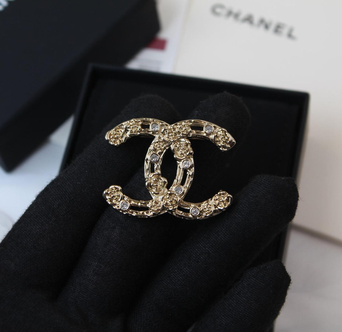 Chanel-Inspired Gold CC Camellia Crystal Brooch
