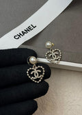 Chanel Pearl Crystal CC Heart Drop Earrings