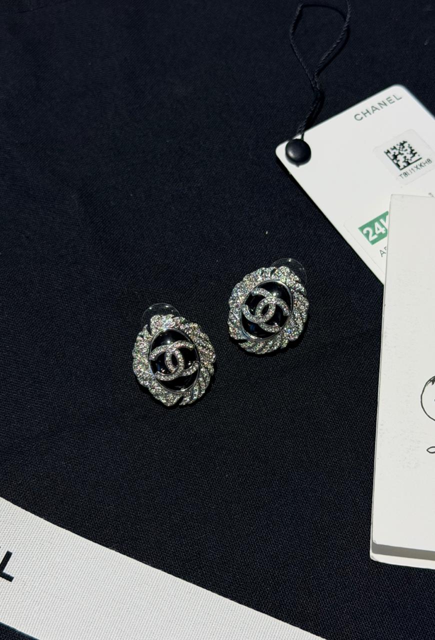 Chanel CC Crystal Oval Stud Earrings Silver