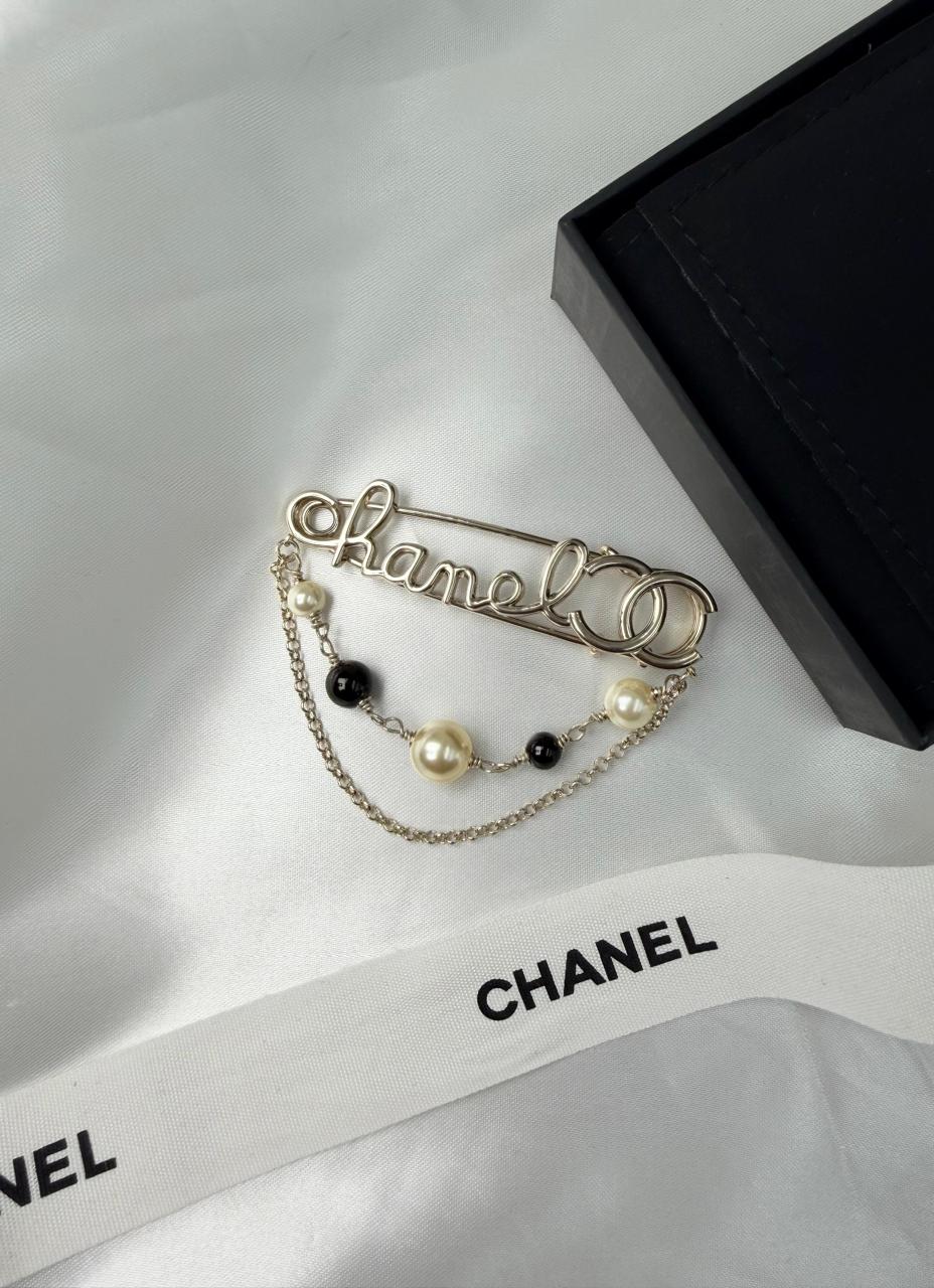 Chanel Script Logo Pearl Chain Brooch