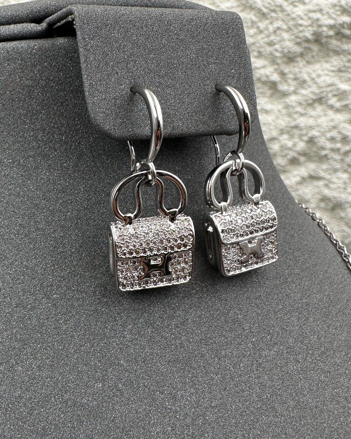 Hermès Kelly-Inspired Silver Crystal Handbag Drop Earrings