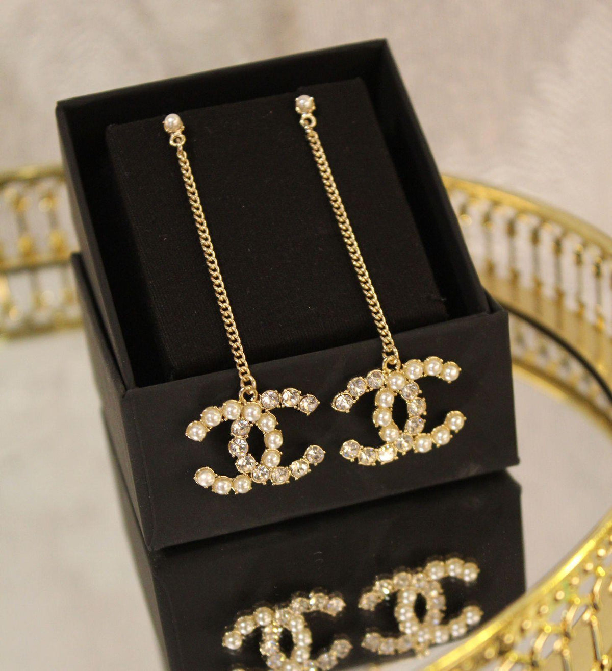 CHANEL – CC Crystal Long Drop Earrings