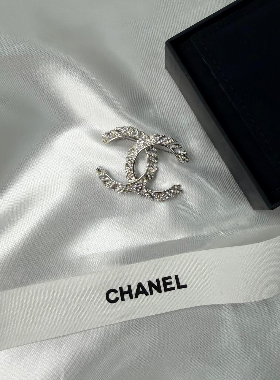 Chanel CC Silver Crystal Leaf Brooch