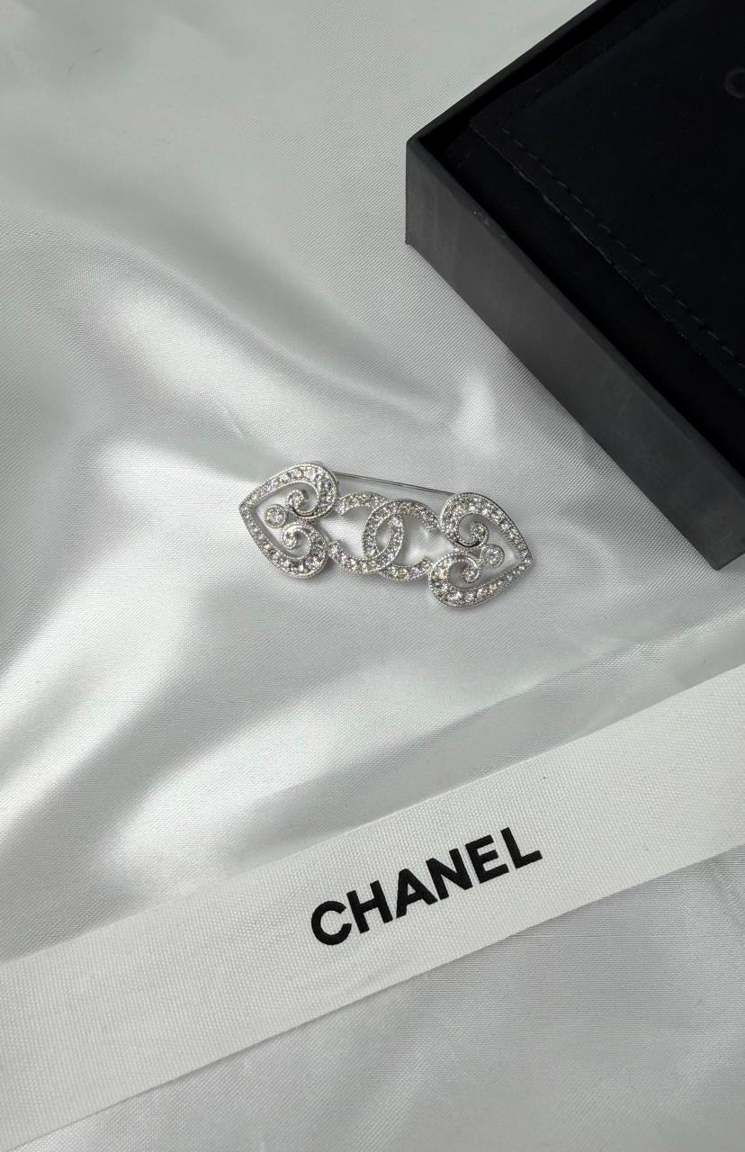 Chanel CC Crystal Double Heart Brooch