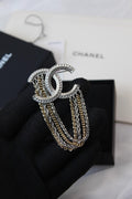 Chanel-Inspired Crystal CC Brooch with Two-Tone Chains