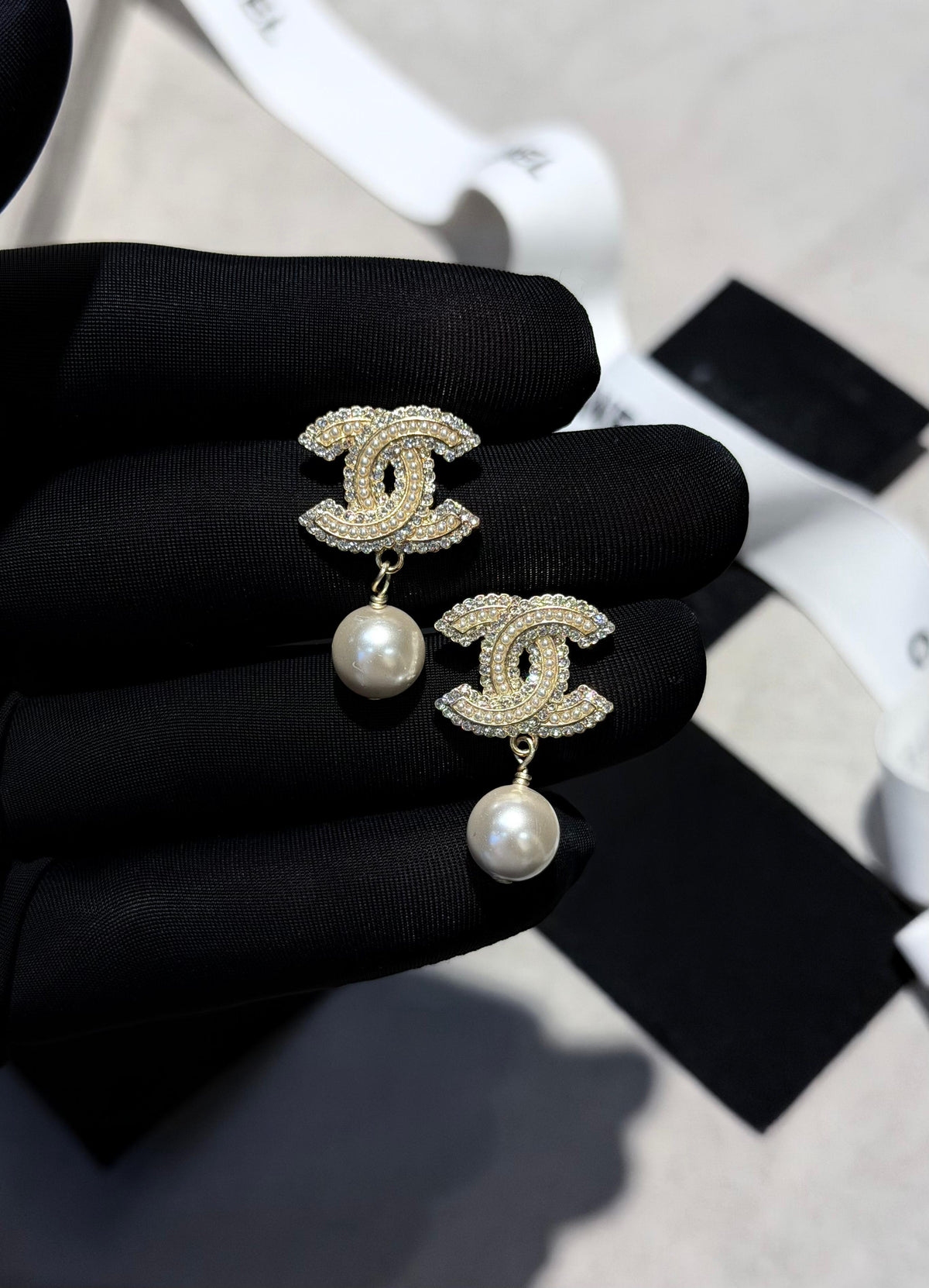 Chanel-Inspired Gold CC Crystal Pearl Drop Earrings
