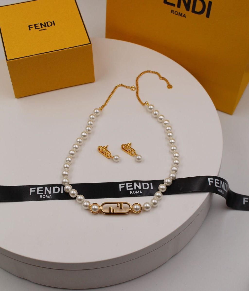 Fendi FF Pearl Necklace & Earrings Set