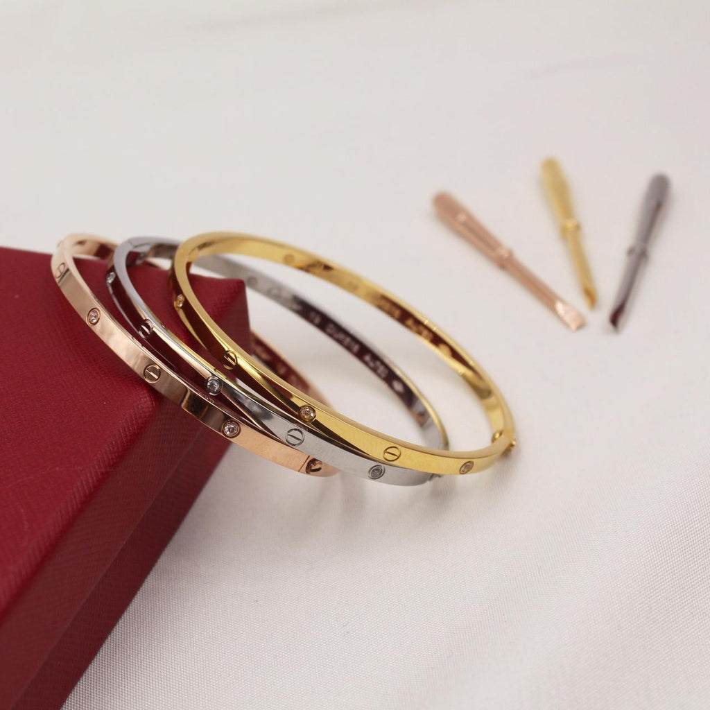 Cartier LOVE Small Model Bracelets with Diamonds in Rose Gold, White Gold and Yellow Gold