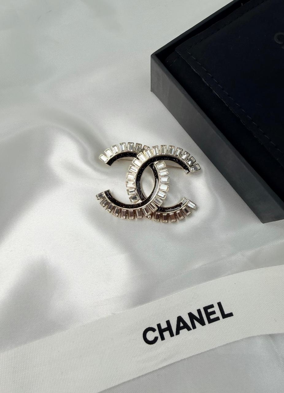 Chanel CC Black Enamel Baguette Crystal Brooch