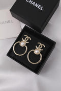 Chanel CC Pearl Gold Hoop Drop Earrings