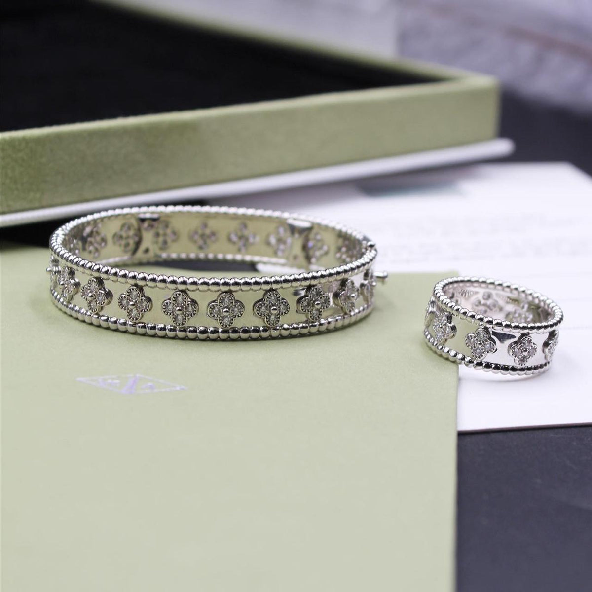 Van Cleef Wide Clover Rose Ring and Bracelet Set
