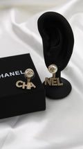 CHANEL – Gold Letter Drop Earrings with Pearl Studs