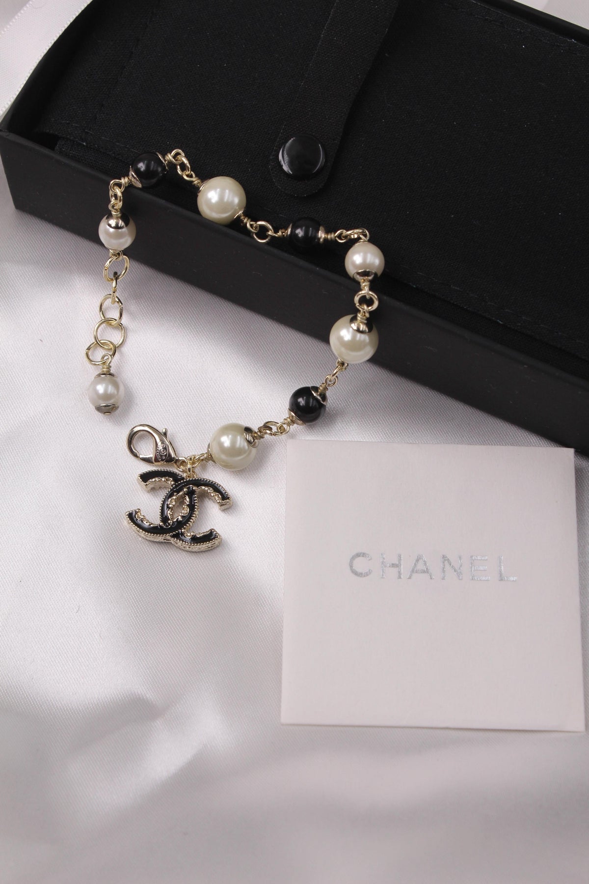 Chanel-Inspired Gold CC Bracelet with Black & White Pearls