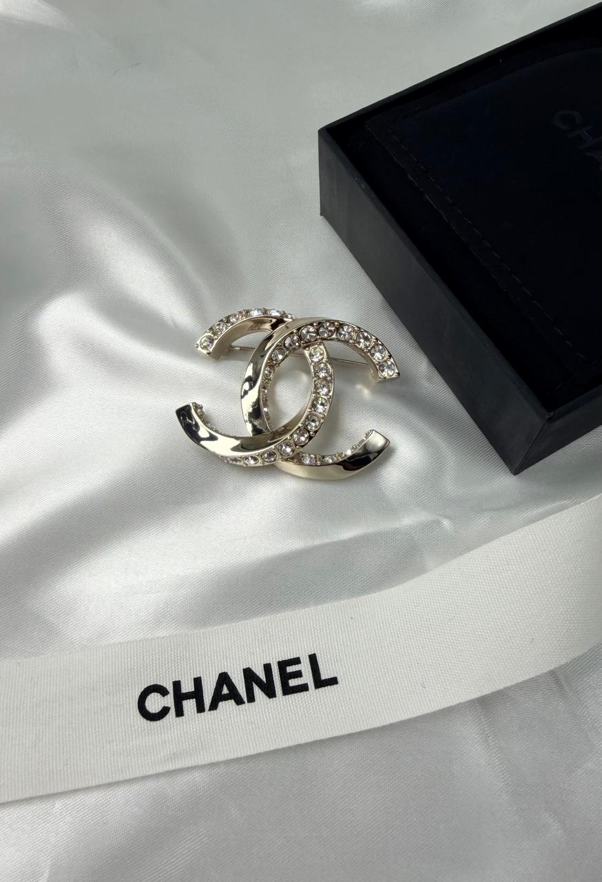 Chanel CC Silver Crystal Logo Brooch