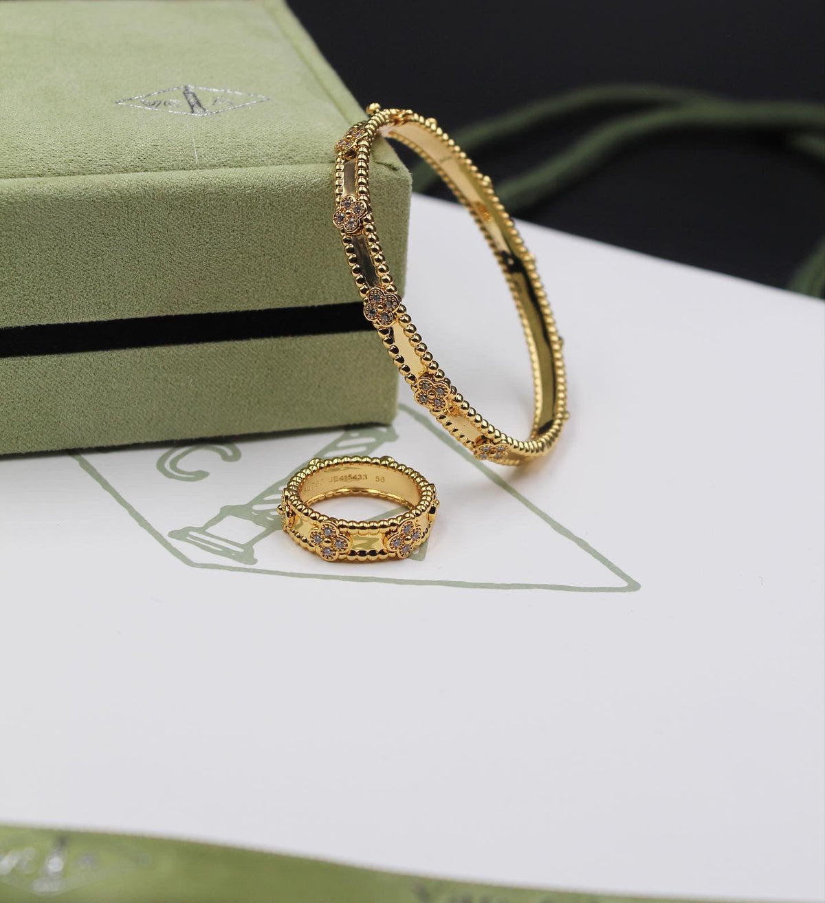 Van Cleef Beaded Clover Gold Ring and Bracelet Set