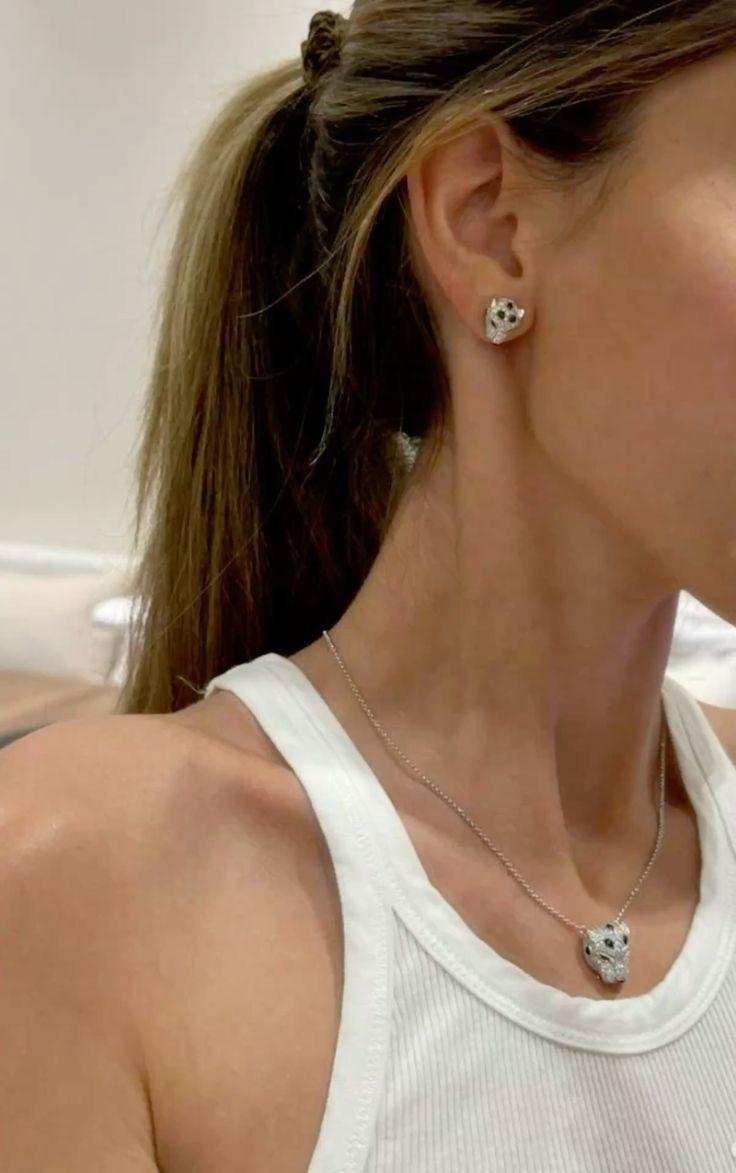 Cartier Silver Tone Panther Head Necklace and Earrings Set