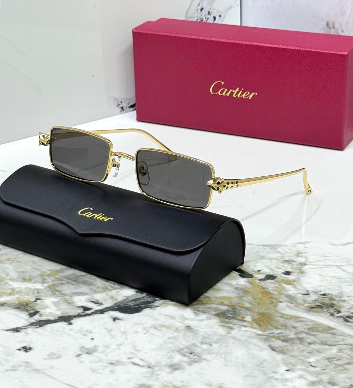 Cartier Rectangular Panther Temple Sunglasses