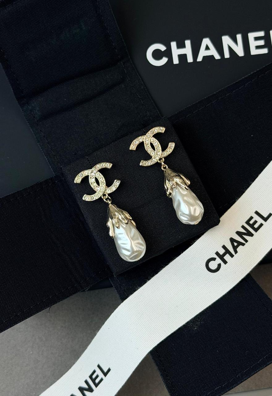 Chanel Crystal CC Baroque Pearl Drop Earrings