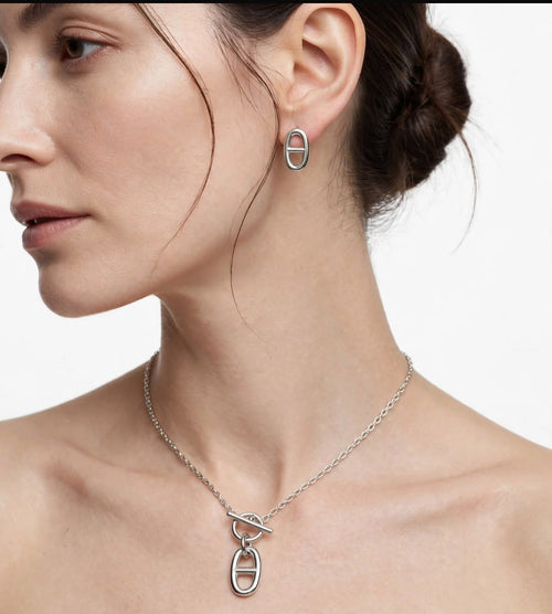 HERMES - Plain Link Necklace and Earrings Set