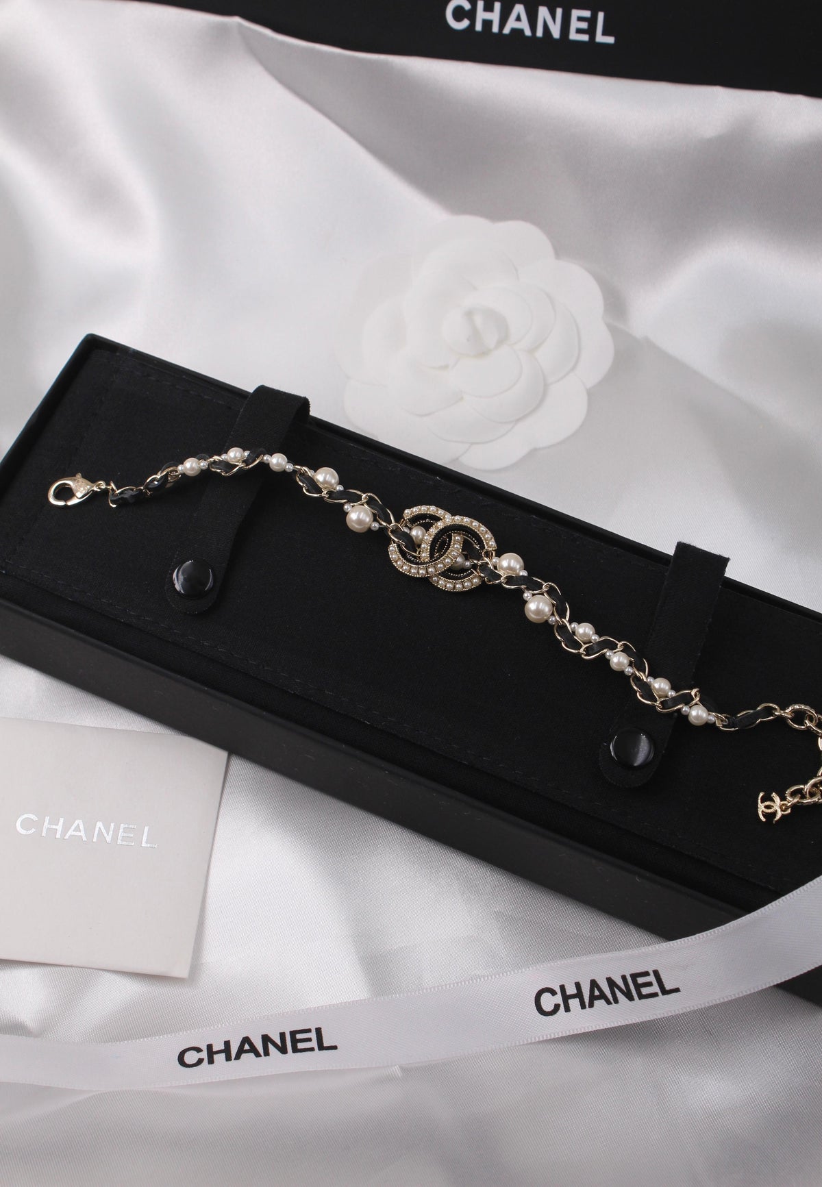 Chanel-Inspired Gold CC Pearl Chain Bracelet