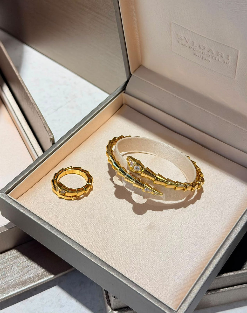 BVLGARI Segmented Necklace Earrings Bracelet and Ring Set