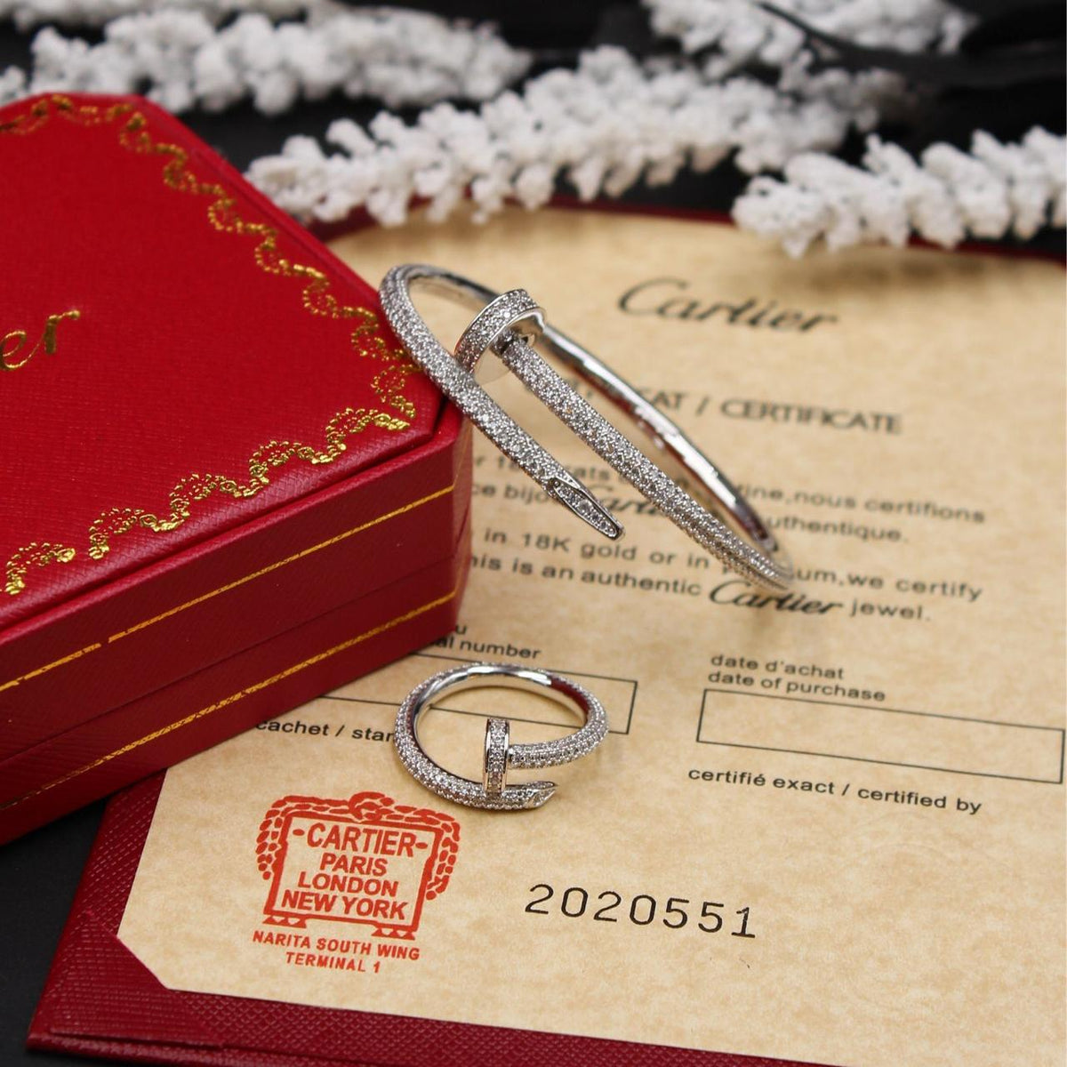Cartier Silver Tone Embellished Nail Bracelet and Ring Set