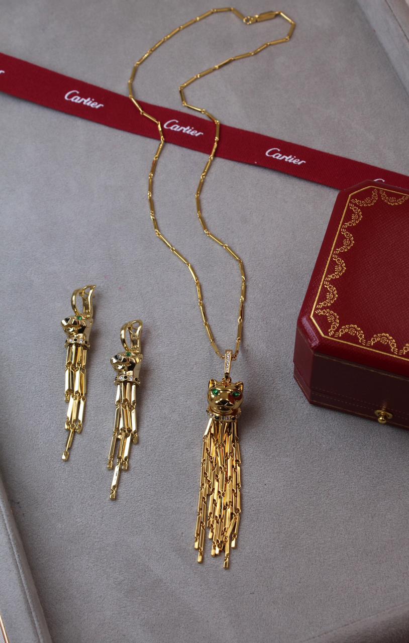 Cartier Gold Tone Panther Tassel Necklace and Earrings Set