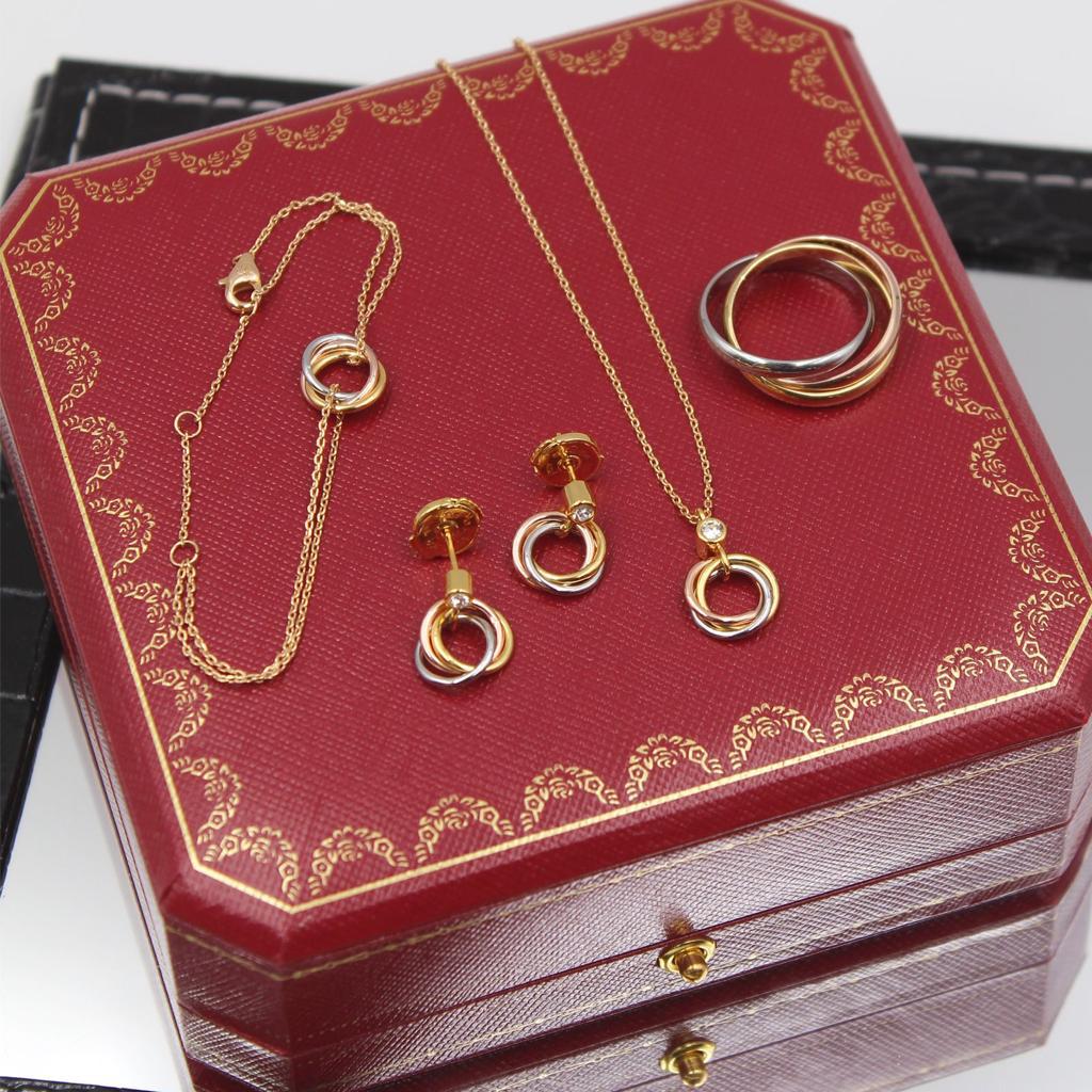 Cartier Mixed Tone Triple Ring Necklace Bracelet Earrings and Ring Set