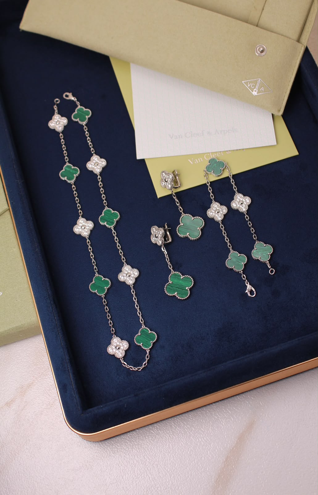 VAN CLEEF Alternating Clover Necklace Bracelet and Drop Earrings Set Green