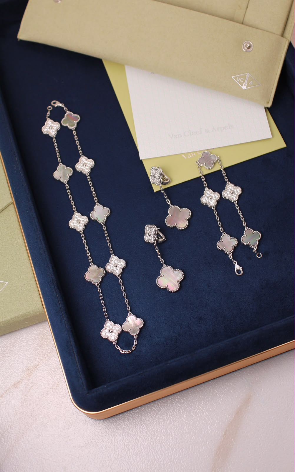 VAN CLEEF Alternating Clover Necklace Bracelet and Drop Earrings Set Grey
