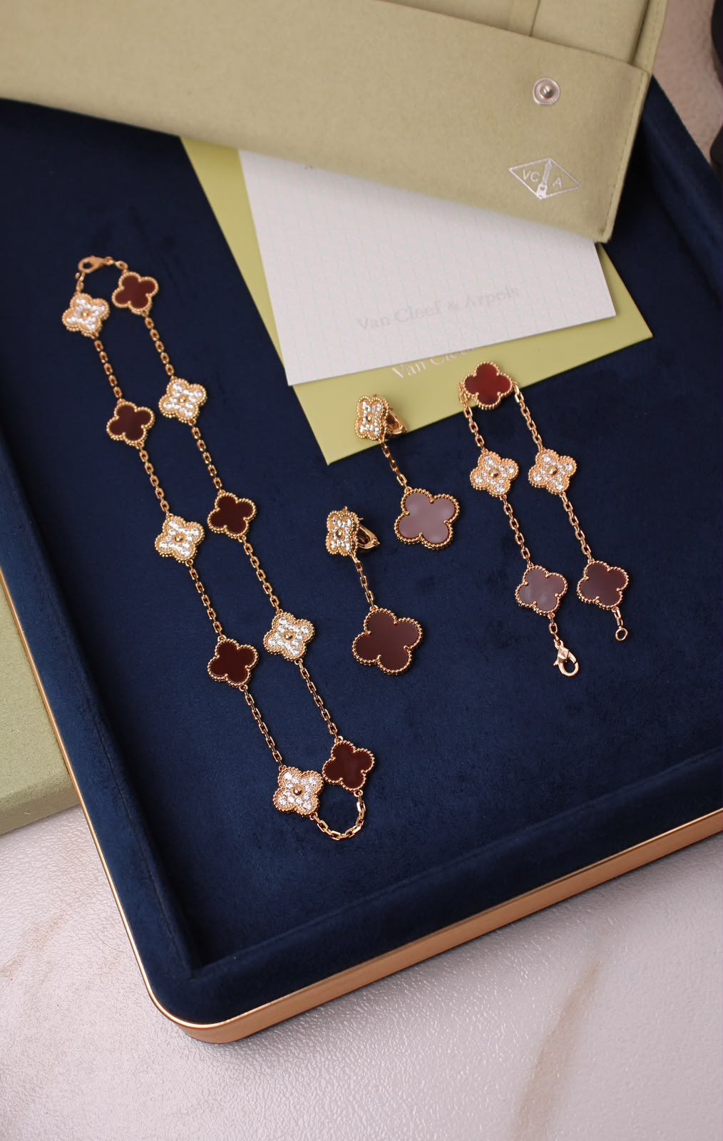 VAN CLEEF Alternating Clover Necklace Bracelet and Drop Earrings Set Burgundy