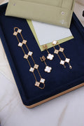VAN CLEEF Alternating Clover Necklace Bracelet and Drop Earrings Set White