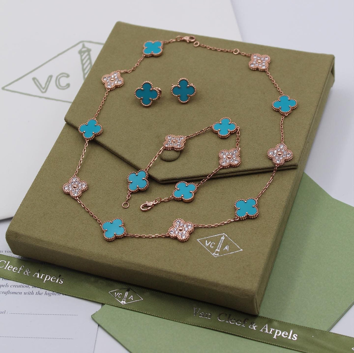VAN CLEEF Alternating Turquoise Clover Necklace Bracelet and Earrings Set - Rose Tone