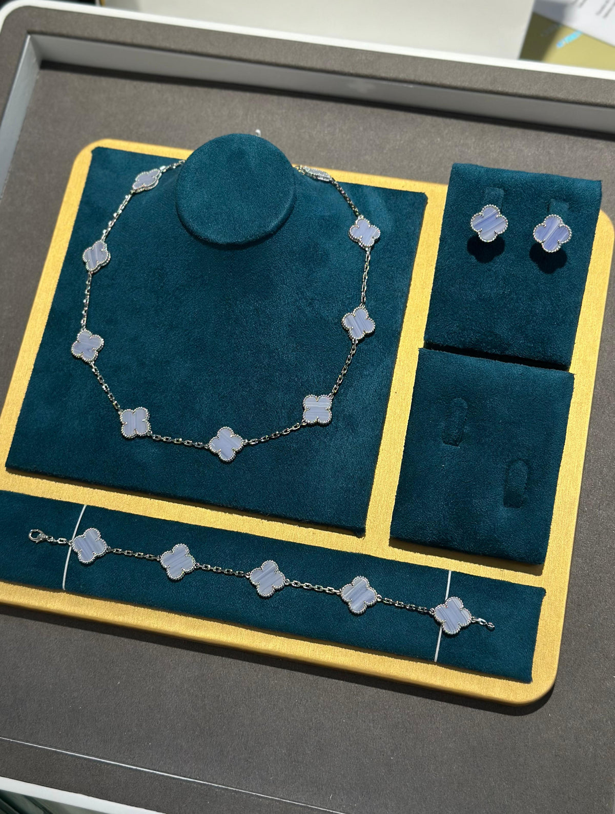 VAN CLEEF Lavender Clover Necklace Bracelet and Stud Earrings Set - Silver Tone