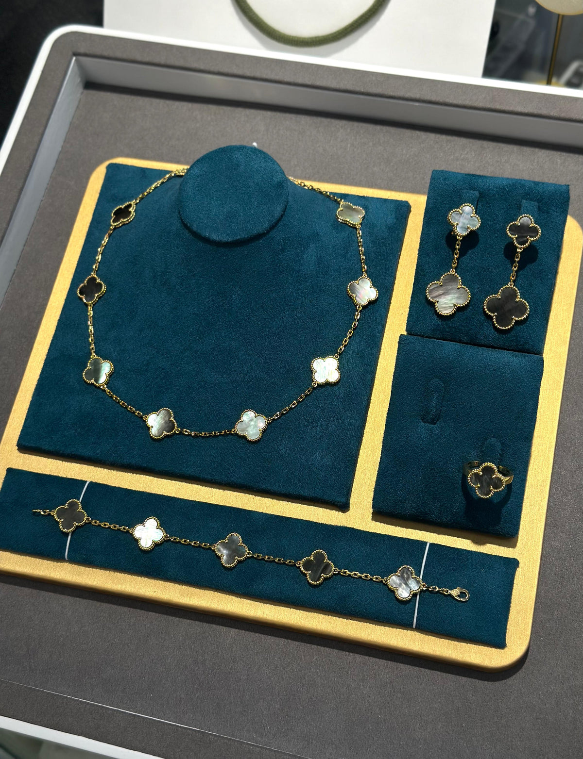 VAN CLEEF Clover Necklace Bracelet Ring and Drop Earrings Set - Grey / Gold Tone