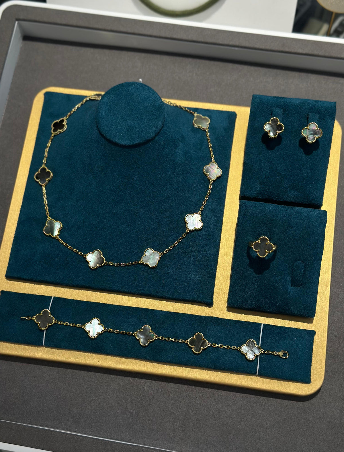 VAN CLEEF Clover Necklace Bracelet Ring and Stud Earrings Set - Grey / Gold Tone