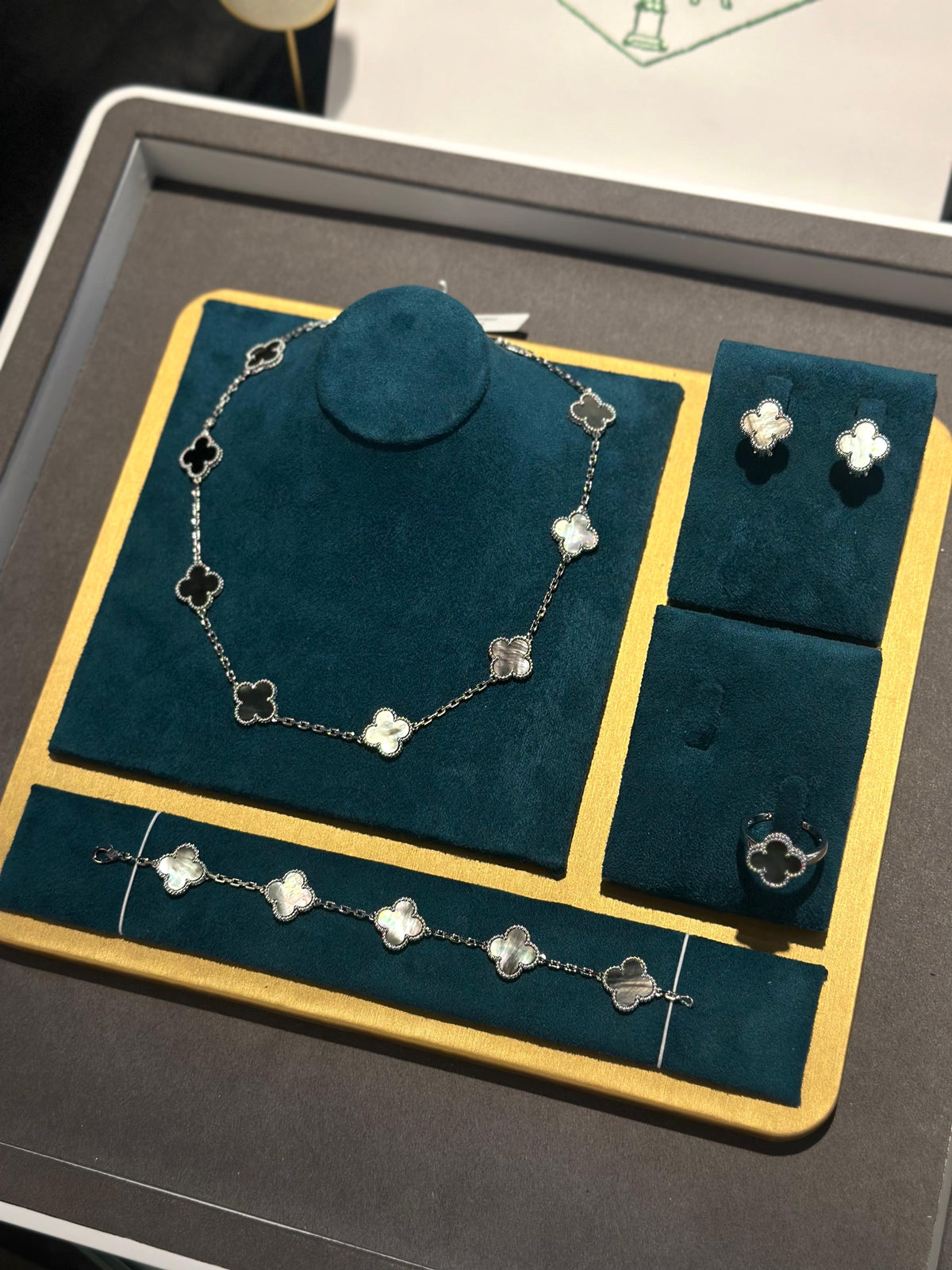 VAN CLEEF Clover Necklace Bracelet Ring and Stud Earrings Set - Grey / Silver Tone