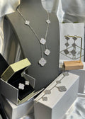 VAN CLEEF Embellished Clover Lariat Necklace Bracelet Ring and Earrings Set - Silver Tone